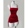 image:imageRoseSeek Womens Strappy Backless Bodycon Dresses Drawstring Ruched Night Out Mini Cami DressRed