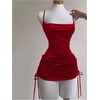 image:imageRoseSeek Womens Strappy Backless Bodycon Dresses Drawstring Ruched Night Out Mini Cami DressRed