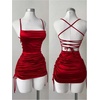 image:imageRoseSeek Womens Strappy Backless Bodycon Dresses Drawstring Ruched Night Out Mini Cami DressRed
