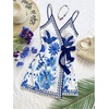 image:imageRoseSeek Womens Tropical Print Wrap V Neck Mini Dress Tie Waist Sleeveless Summer Vacation Boho DressesBlue White