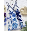 image:imageRoseSeek Womens Tropical Print Wrap V Neck Mini Dress Tie Waist Sleeveless Summer Vacation Boho DressesBlue White