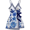 image:imageRoseSeek Womens Tropical Print Wrap V Neck Mini Dress Tie Waist Sleeveless Summer Vacation Boho DressesBlue White