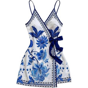 image:imageRoseSeek Womens Tropical Print Wrap V Neck Mini Dress Tie Waist Sleeveless Summer Vacation Boho DressesBlue White