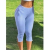 image:imageRoseSeek Womens Gingham Split Leggings Lace Low Rise Elastic Waist Skinny Capri PantsBlue