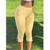 image:imageRoseSeek Womens Gingham Split Leggings Lace Low Rise Elastic Waist Skinny Capri PantsLight Yellow