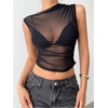 image:imageRoseSeek Womens Mesh See Through Tank Top Sleeveless Mock Neck Ruched Crop Tops Going Out OutfitBlack