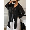 image:imageRoseSeek Womens Mesh Sheer Button Up Blouses Sexy See Through Tops Knot Front Flowy Long Sleeve ShirtsBlack