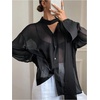 image:imageRoseSeek Womens Mesh Sheer Button Up Blouses Sexy See Through Tops Knot Front Flowy Long Sleeve ShirtsBlack
