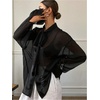 image:imageRoseSeek Womens Mesh Sheer Button Up Blouses Sexy See Through Tops Knot Front Flowy Long Sleeve ShirtsBlack
