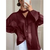 image:imageRoseSeek Womens Mesh Sheer Button Up Blouses Sexy See Through Tops Knot Front Flowy Long Sleeve ShirtsBurgundy