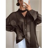 image:imageRoseSeek Womens Mesh Sheer Button Up Blouses Sexy See Through Tops Knot Front Flowy Long Sleeve ShirtsCoffee Brown