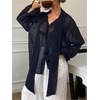 image:imageRoseSeek Womens Mesh Sheer Button Up Blouses Sexy See Through Tops Knot Front Flowy Long Sleeve ShirtsDeep Blue
