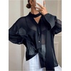 image:imageRoseSeek Womens Mesh Sheer Button Up Blouses Sexy See Through Tops Knot Front Flowy Long Sleeve ShirtsDeep Blue
