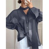 image:imageRoseSeek Womens Mesh Sheer Button Up Blouses Sexy See Through Tops Knot Front Flowy Long Sleeve ShirtsDusty Blue