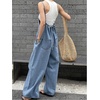 image:imageRoseSeek Womens One Piece Sleeveless Wide Leg Denim Jumpsuit Y2K Casual Bow Backless Loose Jean OverallsBlue
