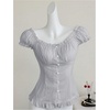 image:imageRoseSeek Womens Ruffle Frill Blouses Tops Puff Sleeve Scoop Neck Summer Shirts Cutesy OutfitLight Grey