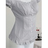image:imageRoseSeek Womens Ruffle Frill Blouses Tops Puff Sleeve Scoop Neck Summer Shirts Cutesy OutfitLight Grey