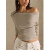 image:imageRoseSeek Womens Striped Off The Shoulder Tops Long Sleeve Fitted Cropped Tshirts Elegant Going Out OutfitsMulticolor
