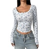 image:imageRoseSeek Womens Floral Henley T Shirts Button Down Long Sleeve Graphic Tees Scoop Neck Cute Crop TopsBlue and White
