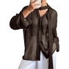 image:imageRoseSeek Womens Mesh Sheer Button Up Blouses Sexy See Through Tops Knot Front Flowy Long Sleeve ShirtsCoffee Brown
