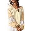 image:imageRoseSeek Womens Oversized Tshirts Lace Patchwork Color Block T Shirt Bishop Sleeve V Neck Tee TopYellow