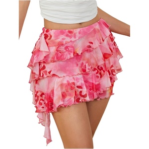 image:imageRoseSeek Womens Boho Tropical Floral Mini Skirts Bodycon Ruffle Layered Skirt Beach Vacation OutfitPink