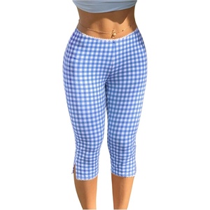 image:imageRoseSeek Womens Gingham Split Leggings Lace Low Rise Elastic Waist Skinny Capri PantsBlue