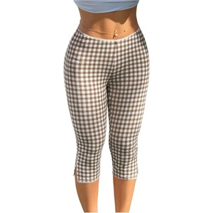 image:imageRoseSeek Womens Gingham Split Leggings Lace Low Rise Elastic Waist Skinny Capri PantsCoffee Brown