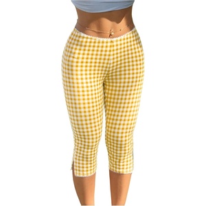 image:imageRoseSeek Womens Gingham Split Leggings Lace Low Rise Elastic Waist Skinny Capri PantsLight Yellow