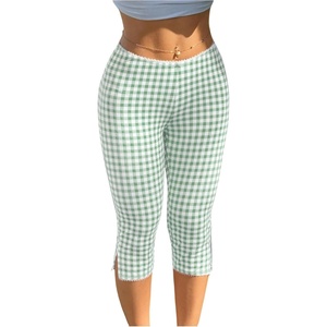 image:imageRoseSeek Womens Gingham Split Leggings Lace Low Rise Elastic Waist Skinny Capri PantsMint Green