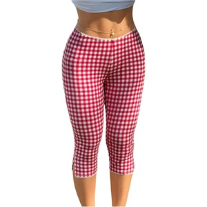 image:imageRoseSeek Womens Gingham Split Leggings Lace Low Rise Elastic Waist Skinny Capri PantsRed and White