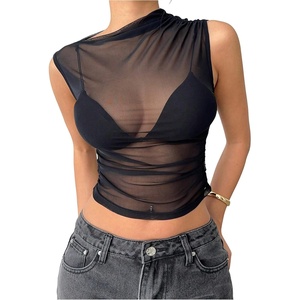 image:imageRoseSeek Womens Mesh See Through Tank Top Sleeveless Mock Neck Ruched Crop Tops Going Out OutfitBlack