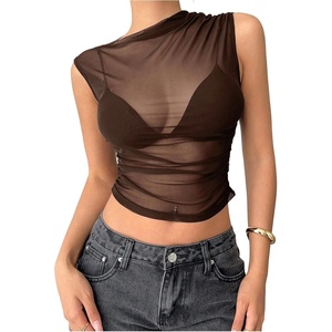 image:imageRoseSeek Womens Mesh See Through Tank Top Sleeveless Mock Neck Ruched Crop Tops Going Out OutfitCoffee Brown