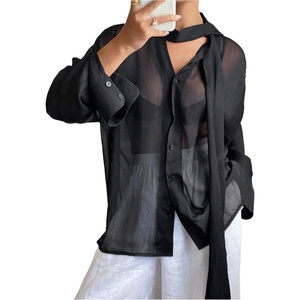 image:imageRoseSeek Womens Mesh Sheer Button Up Blouses Sexy See Through Tops Knot Front Flowy Long Sleeve ShirtsBlack
