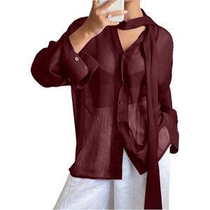 image:imageRoseSeek Womens Mesh Sheer Button Up Blouses Sexy See Through Tops Knot Front Flowy Long Sleeve ShirtsBurgundy