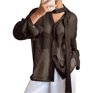 image:imageRoseSeek Womens Mesh Sheer Button Up Blouses Sexy See Through Tops Knot Front Flowy Long Sleeve ShirtsCoffee Brown