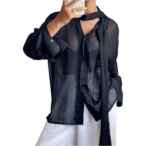 image:imageRoseSeek Womens Mesh Sheer Button Up Blouses Sexy See Through Tops Knot Front Flowy Long Sleeve ShirtsDeep Blue