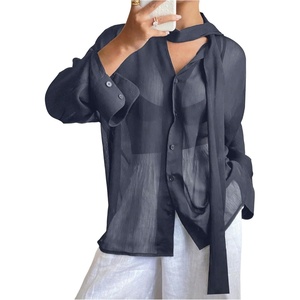 image:imageRoseSeek Womens Mesh Sheer Button Up Blouses Sexy See Through Tops Knot Front Flowy Long Sleeve ShirtsDusty Blue