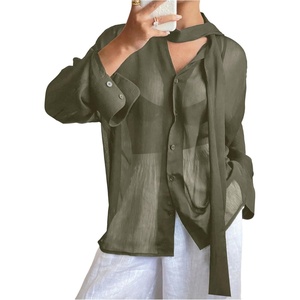 image:imageRoseSeek Womens Mesh Sheer Button Up Blouses Sexy See Through Tops Knot Front Flowy Long Sleeve ShirtsOlive Green