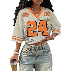 image:imageRoseSeek Womens Oversized Jersey Shirts Mesh Number Graphic Tees V Neck Streetwear Y2k Crop TopsBeige Orange