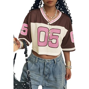 image:imageRoseSeek Womens Oversized Jersey Shirts Mesh Number Graphic Tees V Neck Streetwear Y2k Crop TopsPink