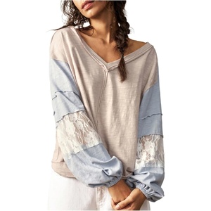 image:imageRoseSeek Womens Oversized Tshirts Lace Patchwork Color Block T Shirt Bishop Sleeve V Neck Tee TopMulticolor