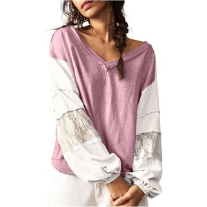 image:imageRoseSeek Womens Oversized Tshirts Lace Patchwork Color Block T Shirt Bishop Sleeve V Neck Tee TopPink Purple