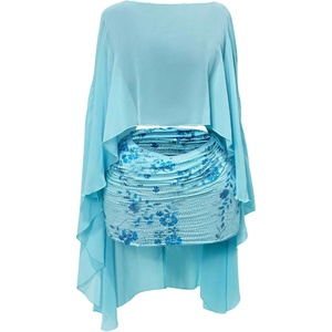 image:imageRoseSeek Womens Sheer Poncho Tops High Low Chiffon Shawl Boat Neck Ruffle Hem CapeBlue