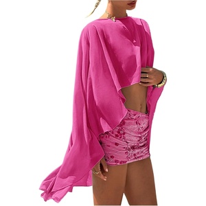 image:imageRoseSeek Womens Sheer Poncho Tops High Low Chiffon Shawl Boat Neck Ruffle Hem CapeHot Pink