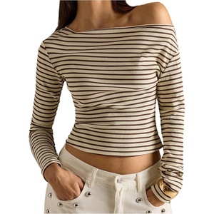 image:imageRoseSeek Womens Striped Off The Shoulder Tops Long Sleeve Fitted Cropped Tshirts Elegant Going Out OutfitsMulticolor