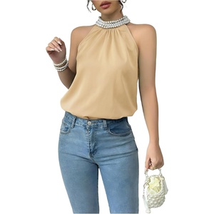 image:imageRoseSeek Womens Summer Halter Tops Beaded Sleeveless Blouses Casual Dressy Elegant Work Blouse ShirtsApricot