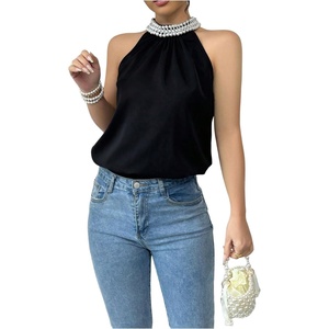 image:imageRoseSeek Womens Summer Halter Tops Beaded Sleeveless Blouses Casual Dressy Elegant Work Blouse ShirtsBlack
