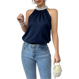 image:imageRoseSeek Womens Summer Halter Tops Beaded Sleeveless Blouses Casual Dressy Elegant Work Blouse ShirtsBlue