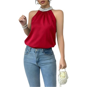 image:imageRoseSeek Womens Summer Halter Tops Beaded Sleeveless Blouses Casual Dressy Elegant Work Blouse ShirtsRed